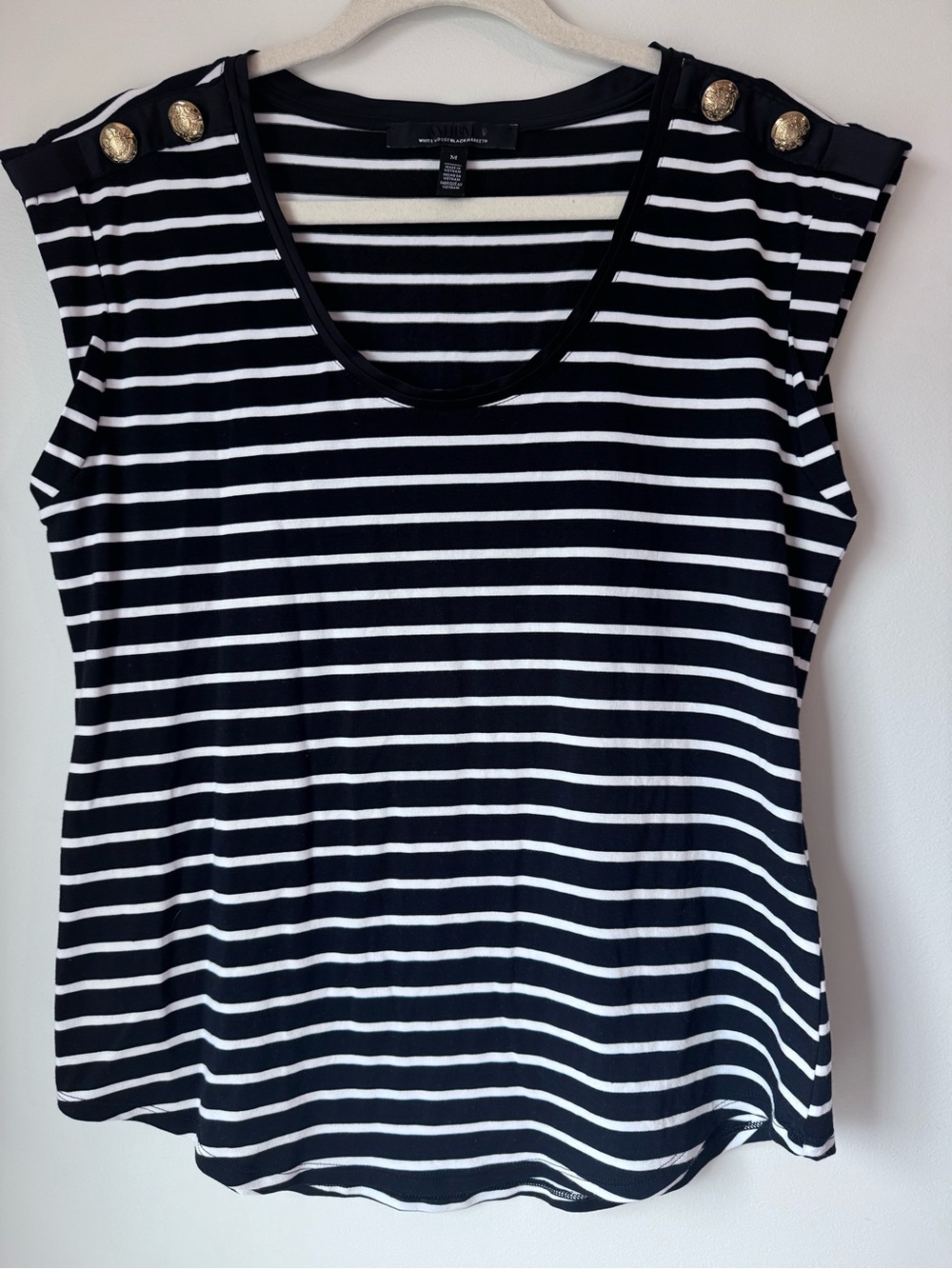 White House Black Market Black & White Striped Scoop Neck with Gold Buttons